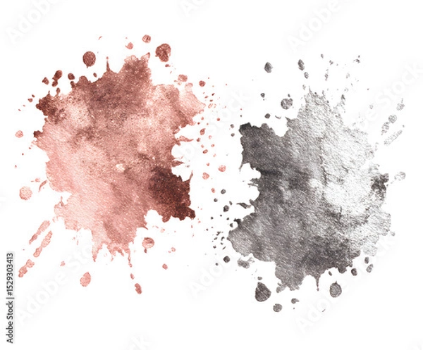 Fototapeta Rose Gold and Silver Watercolor Splashes on White Background - Abstract Metallic Paint Textures for Design Elements and Creative Projects