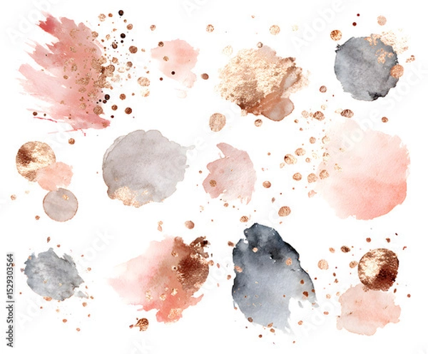 Fototapeta Watercolor Blush and Grey Paint Splashes with Gold Glitter Accents - Abstract Art Background for Design and Decoration (Isolated on White)