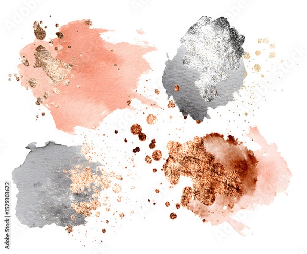Fototapeta Watercolor Textures with Gold and Silver Glitter Accents on White Background - Abstract Art, Paint Splashes, Elegant Design Elements