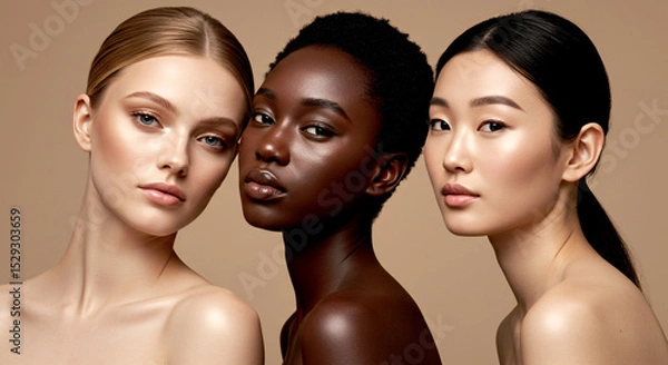 Fototapeta Three diverse women with radiant skin form a triangular pose showing harmony in a beautiful studio portrait