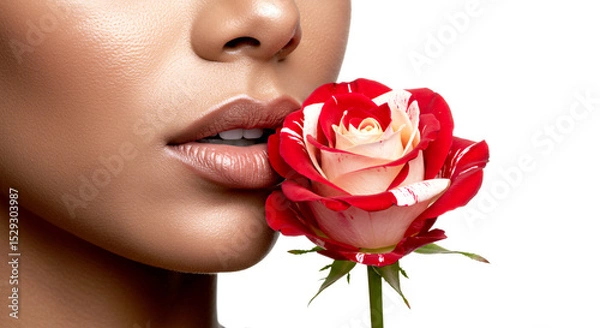 Fototapeta Womans face with perfect skin is close to a beautiful red and white rose in a soft lit beauty portrait