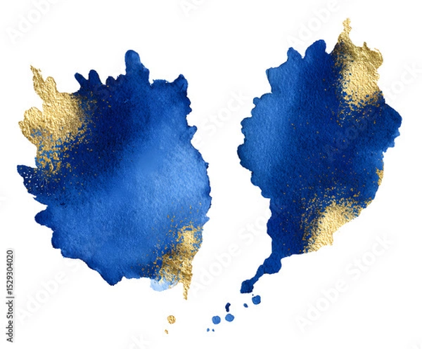 Fototapeta Blue and Gold Watercolor Splashes on White Background - Abstract Art, Luxury Design Element (Isolated)