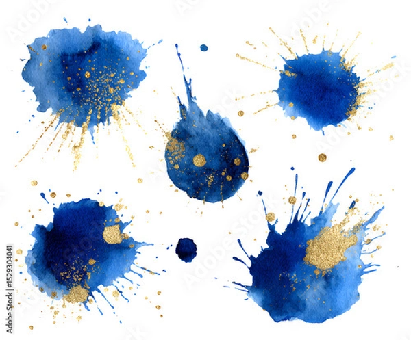 Fototapeta Watercolor Blue and Gold Splashes Set - Abstract Ink Blots with Golden Glitter Textures for Creative Design (Isolated on White)