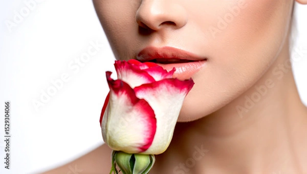Fototapeta Woman with flawless skin touches lips to a two tone red and white rose in a close up beauty portrait