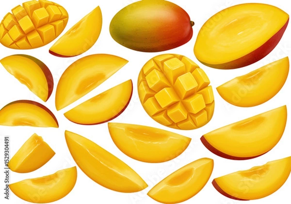 Fototapeta Vibrant mango slices arranged artistically on a white background for culinary use