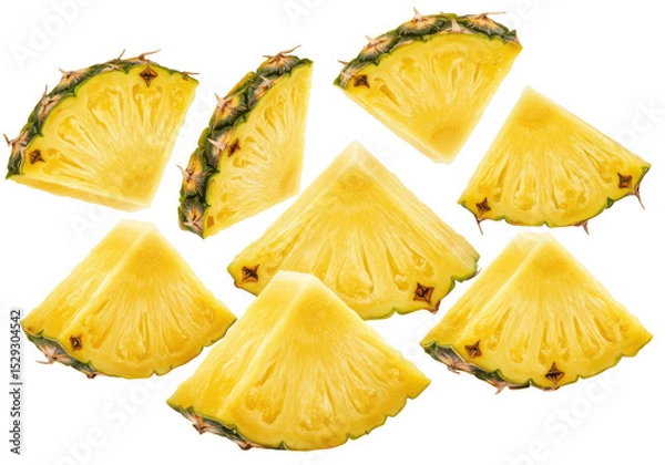 Fototapeta Freshly cut pineapple slices arranged artistically on a white background
