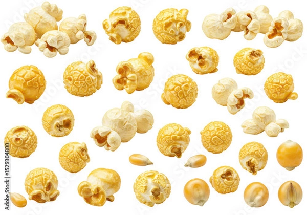 Fototapeta Assorted popcorn kernels and popped corn scattered on a white background