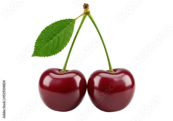 Fototapeta Two ripe cherries with a green leaf, showcasing vibrant colors and natural beauty