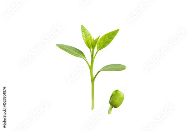Fototapeta Fresh green plant sprouting next to a seed on a plain background, symbolizing growth