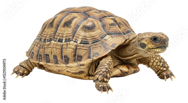 Fototapeta Close-up of a tortoise walking on a white background, showcasing its intricate shell patterns