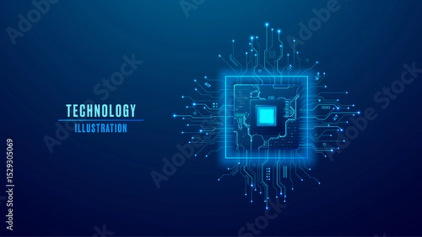 Fototapeta Digital AI semiconductor with light blue tech components and circuit board. Artificial Intelligence innovation concept. Abstract machine learning chip with wires and electronics elements. Vector chip