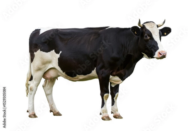 Fototapeta Black and white dairy cow standing in a green pasture with a clear blue sky