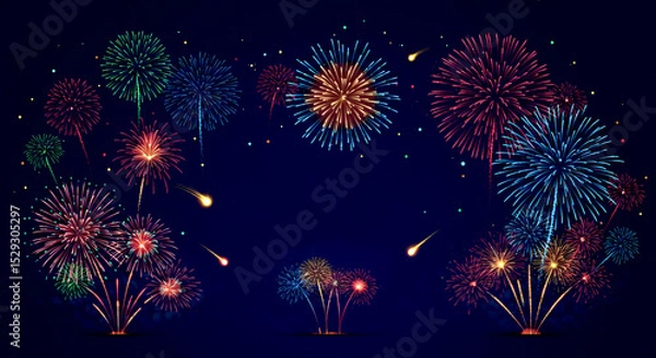 Fototapeta Bright colorful fireworks explode in the night sky for a vibrant festive celebration banner background