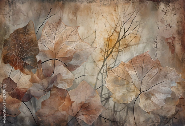 Fototapeta Illustration Abstract leaves in brown colors. Abstract Botanical background, wallpaper. Autumn Leaves closeup on grunge gray concrete background.