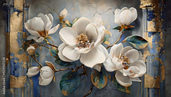 Fototapeta Floral illustration with white magnolias on abstract background. White 3D Flowers on blue with gold abstract background. Wallpaper White magnolias on abstract background.