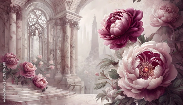 Fototapeta Glamorous retro illustration with lush peonies and architecture. Pink Illustration With Peonies in retro style.