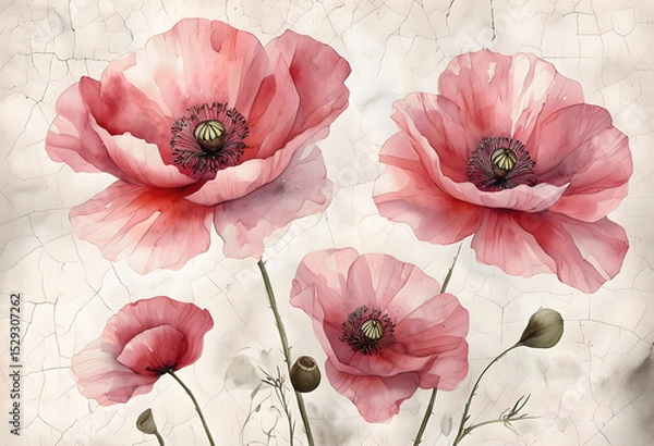 Fototapeta Botanical illustration red watercolor poppies on abstract beige background. Watercolor Wallpaper Red Poppies on concrete background.