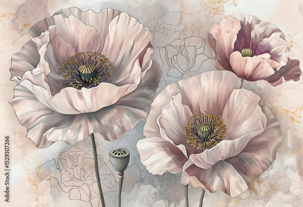 Fototapeta Botanical Illustration of Soft Pastels Poppies. Flowers Wallpaper Design of Soft Poppies. A close-up view of Elegant Poppies in Soft Pastels abstrakt background.