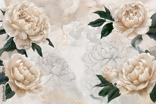 Fototapeta Luxurious floral design with cream peonies on an abstract light background. Floral Wallpaper Peonies white close-up on abstract background.