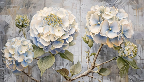Fototapeta Soft Blue Hydrangea Arrangement Against Abstract Grey Textured Background. Floral Wallpaper with Blue Hydrangea. Soft Grey Abstract Background