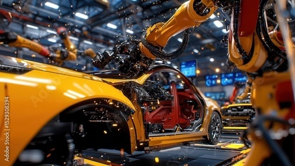 Fototapeta Automated robotic assembly line in modern auto factory with yellow car and sparks flying, highlighting technological precision and efficiency. Robotics and automation
