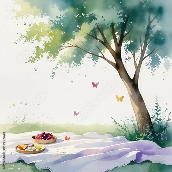 Fototapeta Peaceful Picnic Under Tree with Fruit and Book