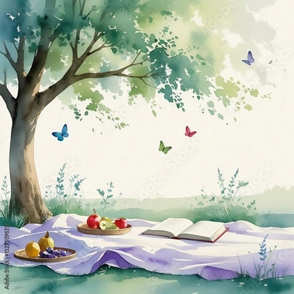 Fototapeta Peaceful Picnic Under Tree with Fruit and Book