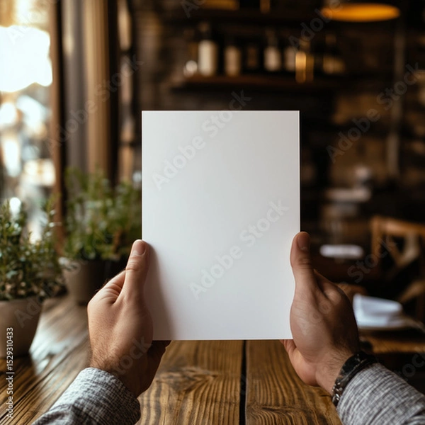 Fototapeta POV view, front views, blank menu, restaurant menu in the mans hands, mockup view