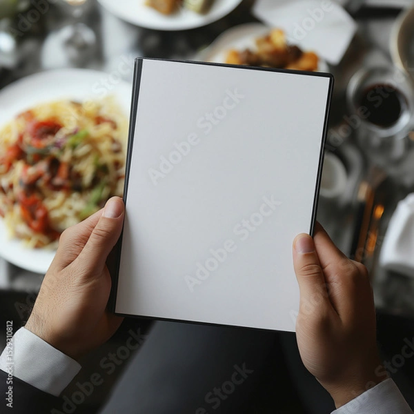 Fototapeta POV view, front views, blank menu, restaurant menu in the mans hands, mockup view