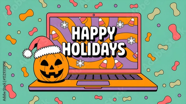Fototapeta A playful "Happy Holidays" message on a laptop screen featuring candy corn and snowflakes, with a Santa hat-wearing jack-o'-lantern