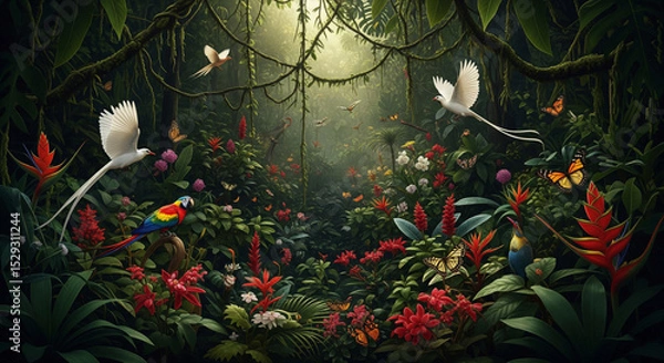 Fototapeta Sunlit tropical jungle teeming with colorful birds, butterflies, and lush green foliage in a vibrant natural habitat