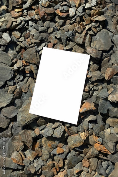 Obraz Mockup of white A4 sheet on stones of mountain rivers. Layout of poster on stone background. Poster mockup, blank with space for text, presentation template