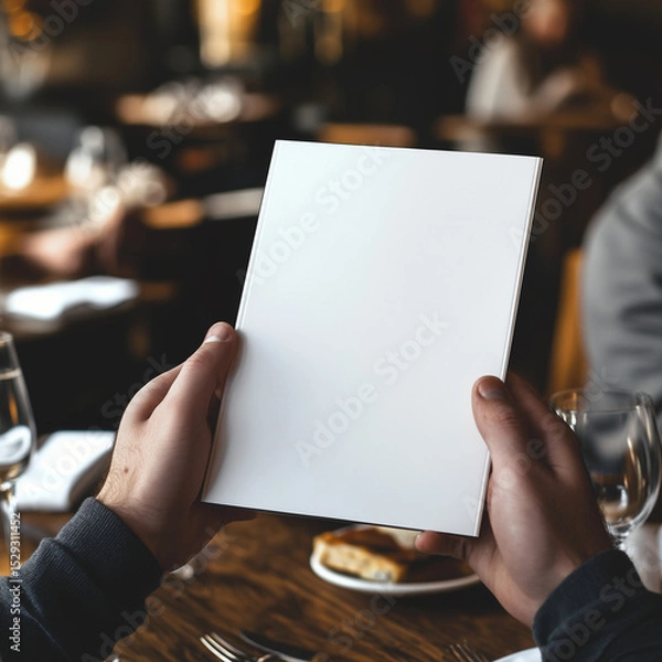 Fototapeta POV view, front views, blank menu, restaurant menu in the mans hands, mockup view