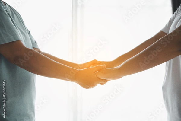 Obraz Hope and trust with crisis concept. Closeup, love and holding hands for support, comfort and care with grief, loss and empathy. people and family with compassion, sympathy and healing with bonding.