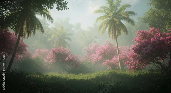 Fototapeta Misty tropical garden with tall palm trees and vibrant pink flowering bushes surrounded by lush green foliage in a dreamy natural landscape