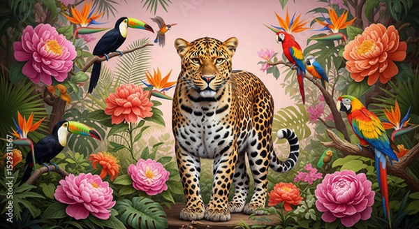Fototapeta Vibrant jungle scene with a leopard surrounded by tropical flowers, lush foliage, and exotic birds against a soft pink gradient background