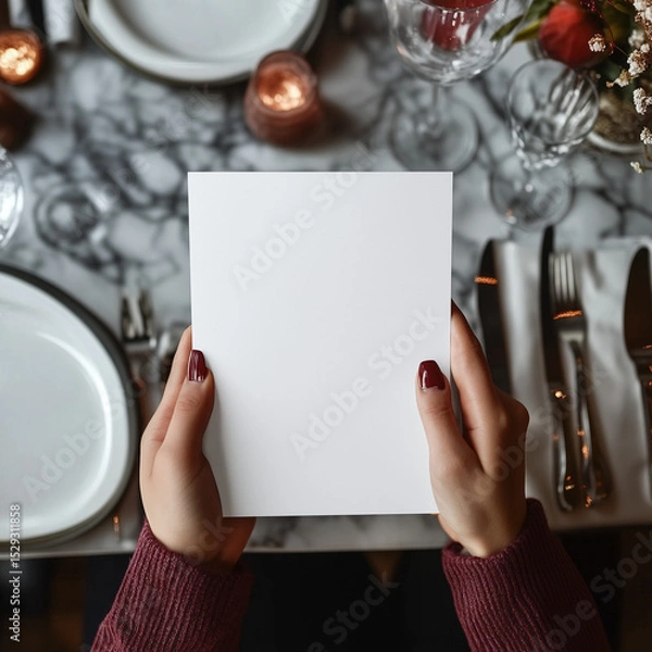 Fototapeta POV view, front views, blank menu, restaurant menu in the woman’s hands, mockup view