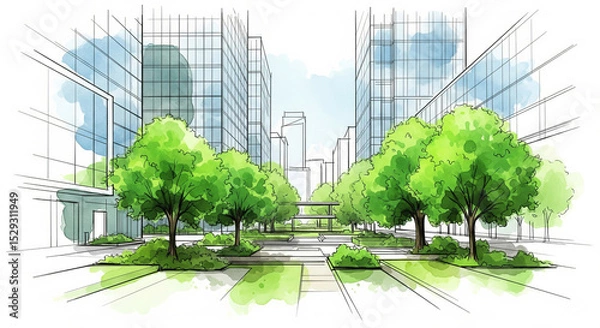 Fototapeta Sketch-style watercolor illustration of a green tree-lined urban pathway flanked by modern glass buildings blending nature and cityscape