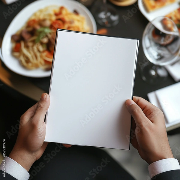Fototapeta POV view, front views, blank menu, restaurant menu in the mans hands, mockup view