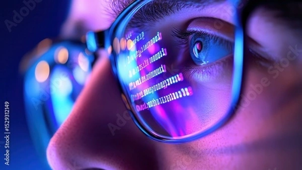 Fototapeta Close-up of reflective glasses on young caucasian male showing colorful computer code amidst intense blue ambient light environment. Robotics and automation