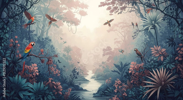 Fototapeta Misty Tropical Jungle with Vibrant Parrots and Serene Flowing River in Lush Greenery