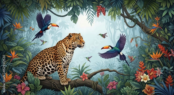 Fototapeta Vibrant tropical jungle with a leopard resting on a tree branch surrounded by colorful birds and lush green foliage