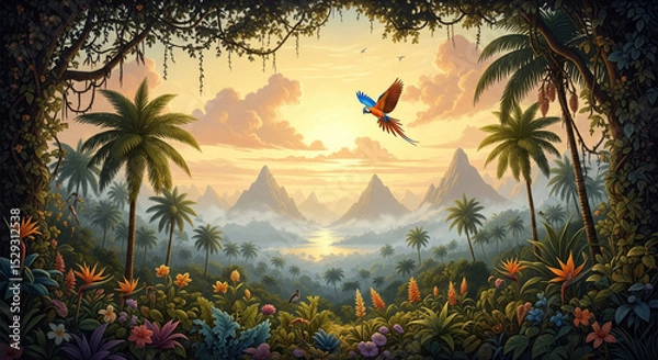 Fototapeta Vibrant tropical jungle landscape at sunrise with lush foliage, colorful flowers, palm trees, misty mountains, and a soaring parrot in warm golden light