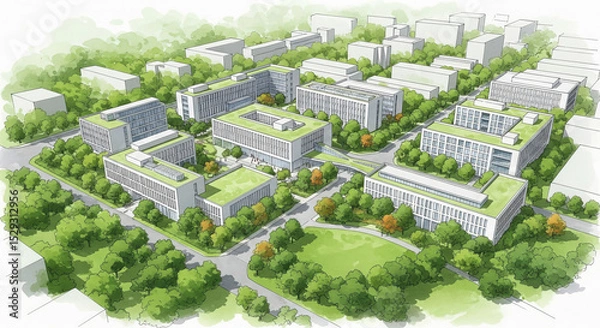 Fototapeta Modern sustainable office campus with green roofs and landscaped open spaces surrounded by trees and pathways