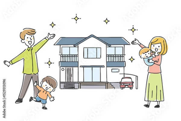 Obraz マイホームと家族のイラスト