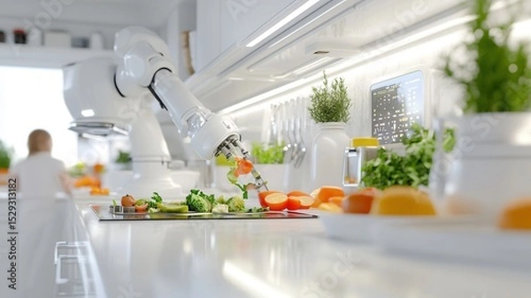 Fototapeta Futuristic kitchen with robotic arm preparing vegetables in bright modern space with white cabinets and fresh greenery. Robotics and automation