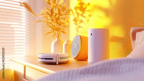 Fototapeta Morning sunlight illuminates cozy bedroom scene with robot vacuum, smart speaker, and minimalist decor in warm golden tones. Robotics and automation