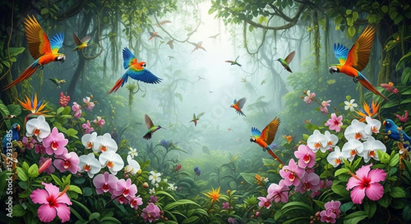 Fototapeta Vibrant tropical jungle scene with colorful parrots, hummingbirds, and blooming exotic flowers in lush dense greenery and misty forest background