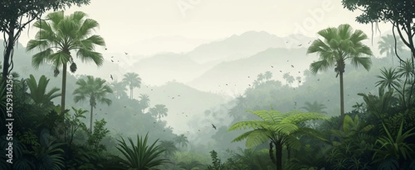Fototapeta Misty Tropical Rainforest with Lush Greenery, Tall Palms, Ferns, and Layered Mountain Backdrop under Serene Sky