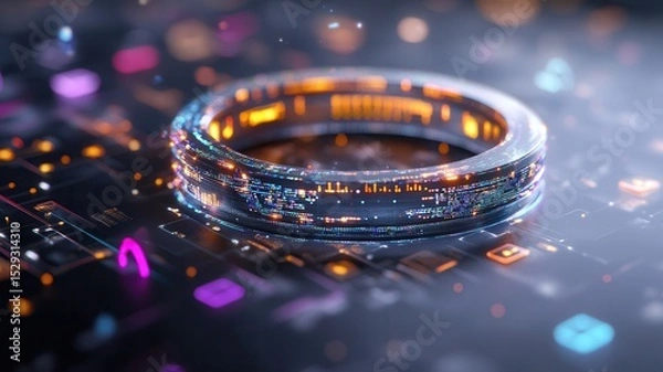 Obraz Futuristic neon digital circuit ring with glowing lights on a complex circuit board surface in a sci-fi technology theme. Robotics and automation